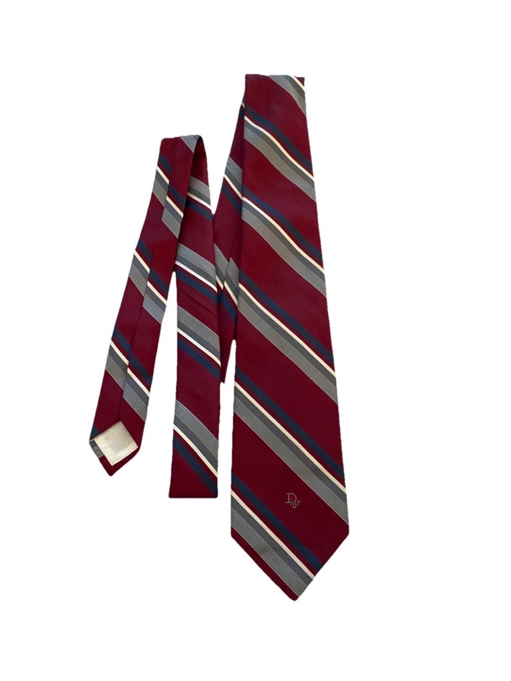 VTG Christian Dior Men’s Necktie Maroon White Blue Stripe Logo Wording